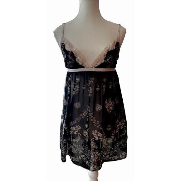 Y2K Sheer Black Baby‎ Doll Lace Slip Top L Peacocks Floral Fairy Goth Romantic - Picture 1 of 9